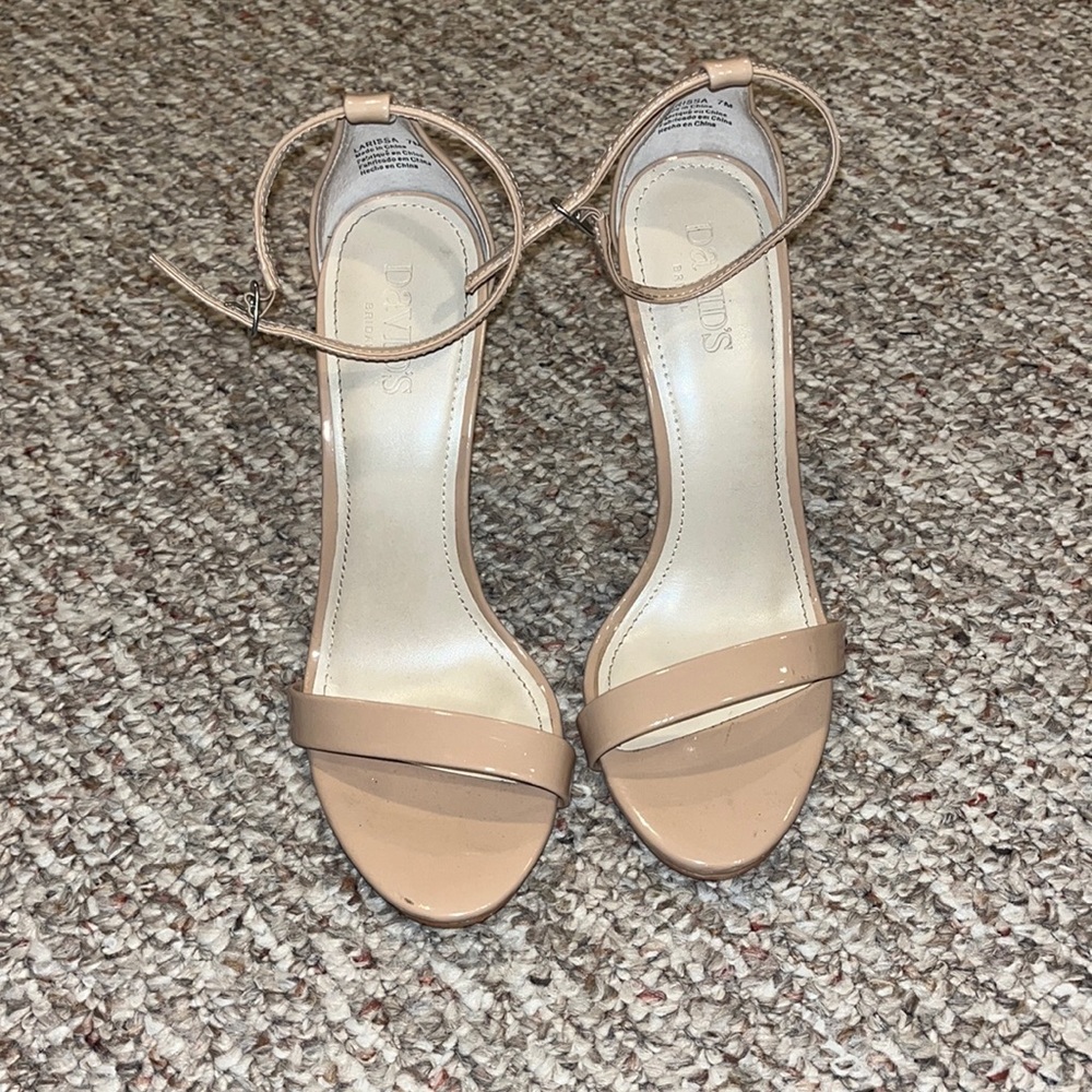 David's Bridal Nude Patent Ankle Strap Heels
